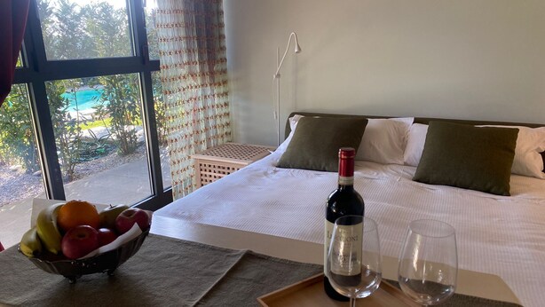 Une chambre d’hôtel avec un lit, une table de chevet sur laquelle se trouvent une bouteille de vin et des verres, un panier de fruits, et une vue sur la verdure à l’extérieur.