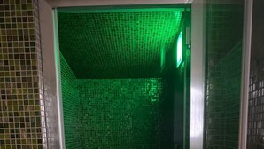 Une salle de bain avec des portes en verre teinté de vert, un espace douche et des murs carrelés.