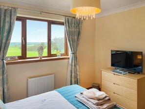 A bedroom with a bed, a dresser, a TV, a window with curtains, a radiator, and a view of the outdoors.