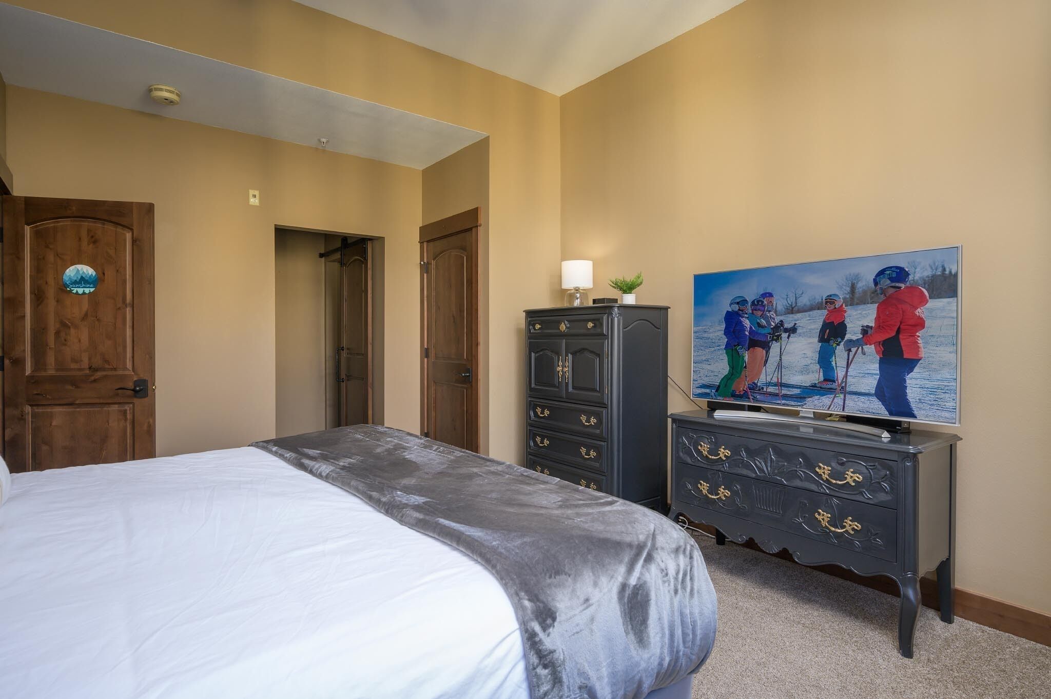 A bedroom with a bed, a dresser, a television, and a door.