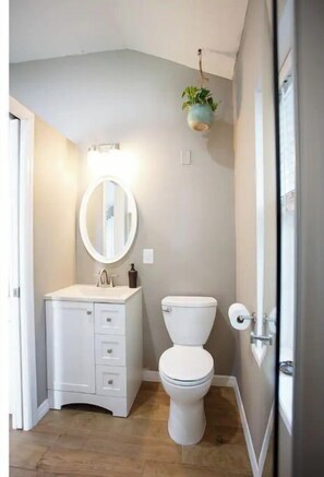 Shower, towels, soap, toilet paper