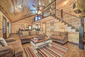 TV, fireplace, DVD player, table football - Broken Bow Escape w/ Hot Tub & Basketball Court! (Broken Bow)