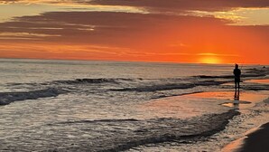 Une scène de plage avec une personne debout sur le rivage, des vagues qui se rapprochent de la plage et un coucher de soleil en arrière-plan.