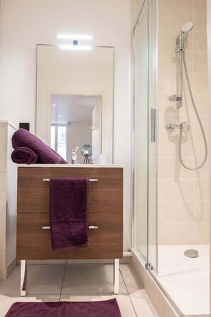 Shower, hair dryer, towels