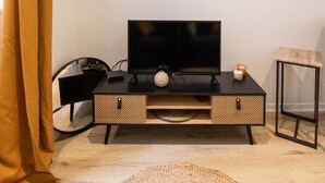 A modern living room with a black entertainment unit, a framed picture on the wall, and a woven rug on the floor. - Opéra 9 - Great studio Opéra/Hôtel de Ville (Lyon)