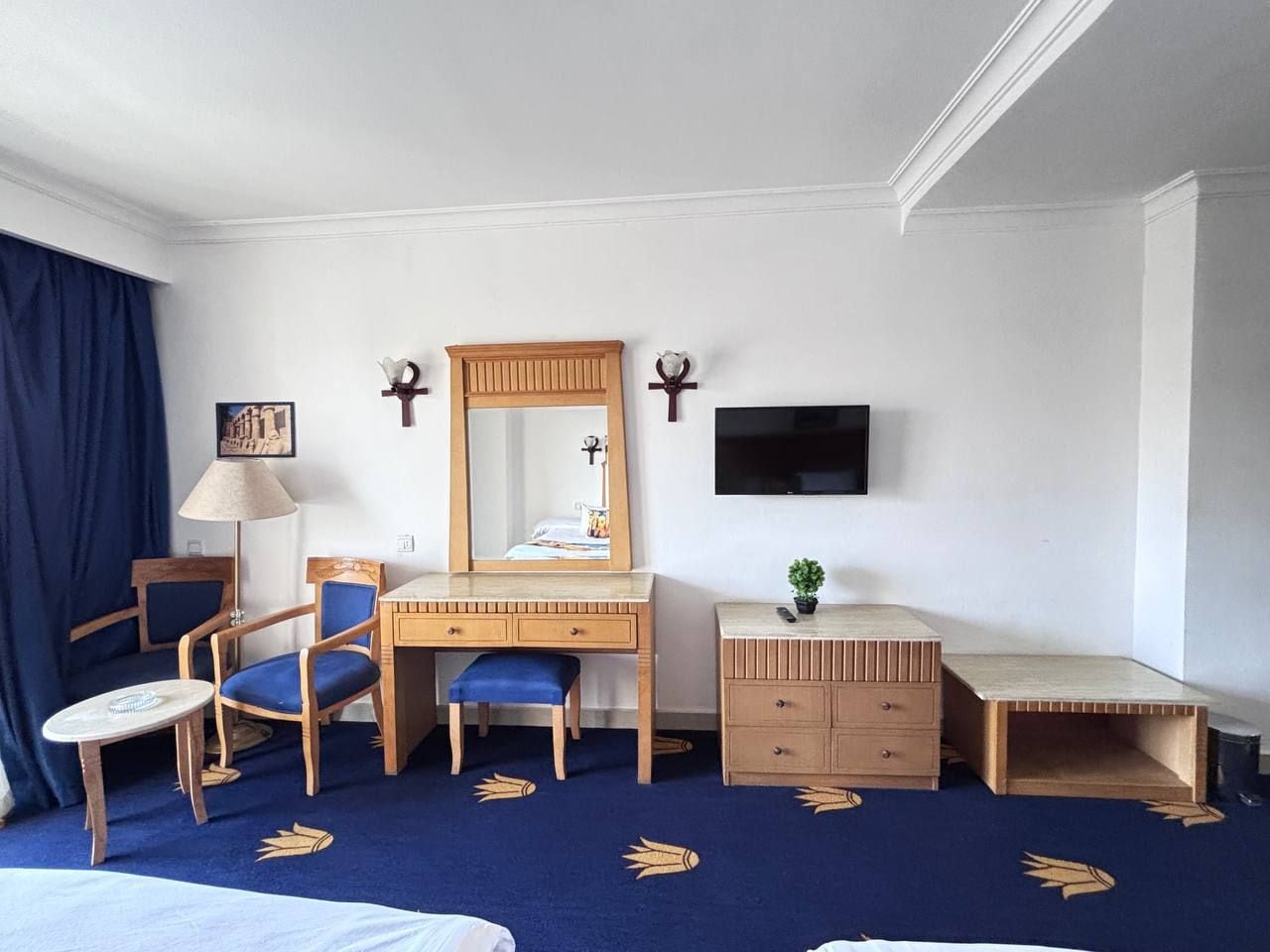 Habitación de hotel con cama, escritorio con silla, cómoda, televisor montado en la pared y una planta pequeña sobre la cómoda.