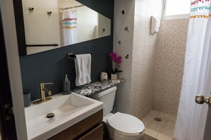 Regadera, secadora de cabello, batas, pantuflas 
