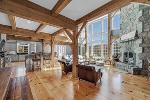 Televisión, chimenea y libros 