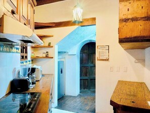 Fridge, microwave, coffee/tea maker, toaster