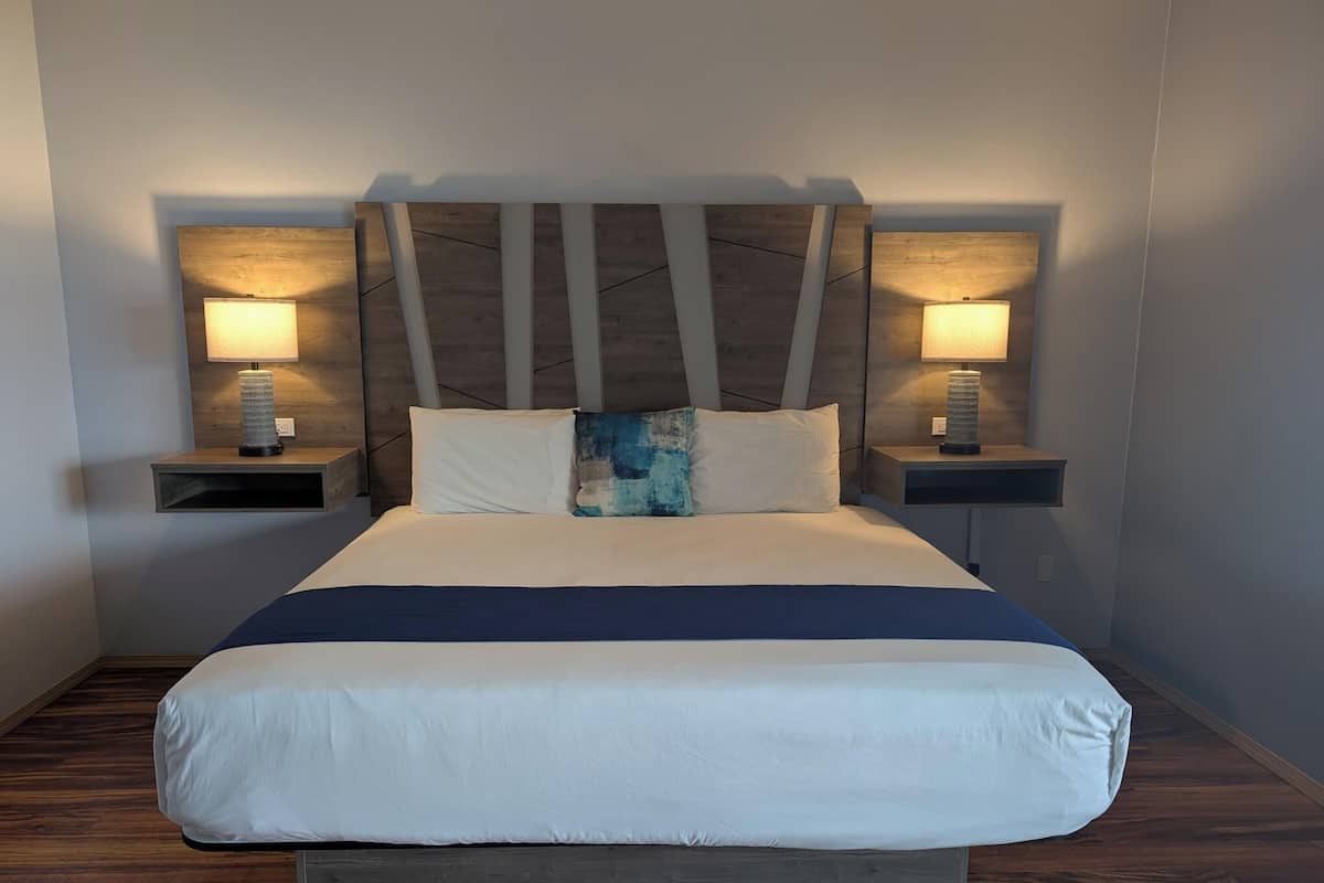 Une chambre d’hôtel moderne avec un grand lit, deux tables de chevet avec des lampes et une tête de lit en bois.