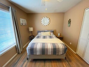 4 bedrooms, desk, blackout drapes, iron/ironing board