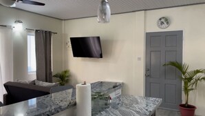 Un baño moderno con encimera de mármol, un televisor de pantalla plana en la pared, una cortina de ducha y una planta en maceta.