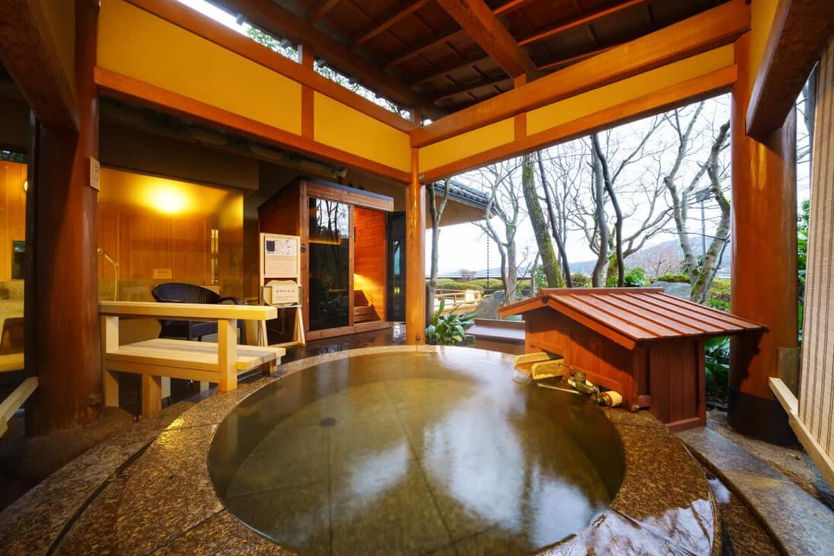 A traditional Japanese onsen with a wooden interior, a hot spring bath, and a view of trees and mountains.
