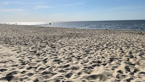 A sandy beach with footprints leading to the water, a clear sky, and a distant pier.