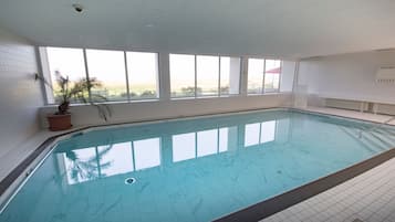 Ein Hallenbad mit großen Fenstern, einem Blumentopf und gefliesten Wänden.