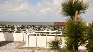 Vista de una zona costera con un puerto deportivo, un edificio grande y un cielo despejado.