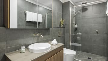 Dusche, Regendusche, umweltfreundliche Kosmetikartikel, Haartrockner