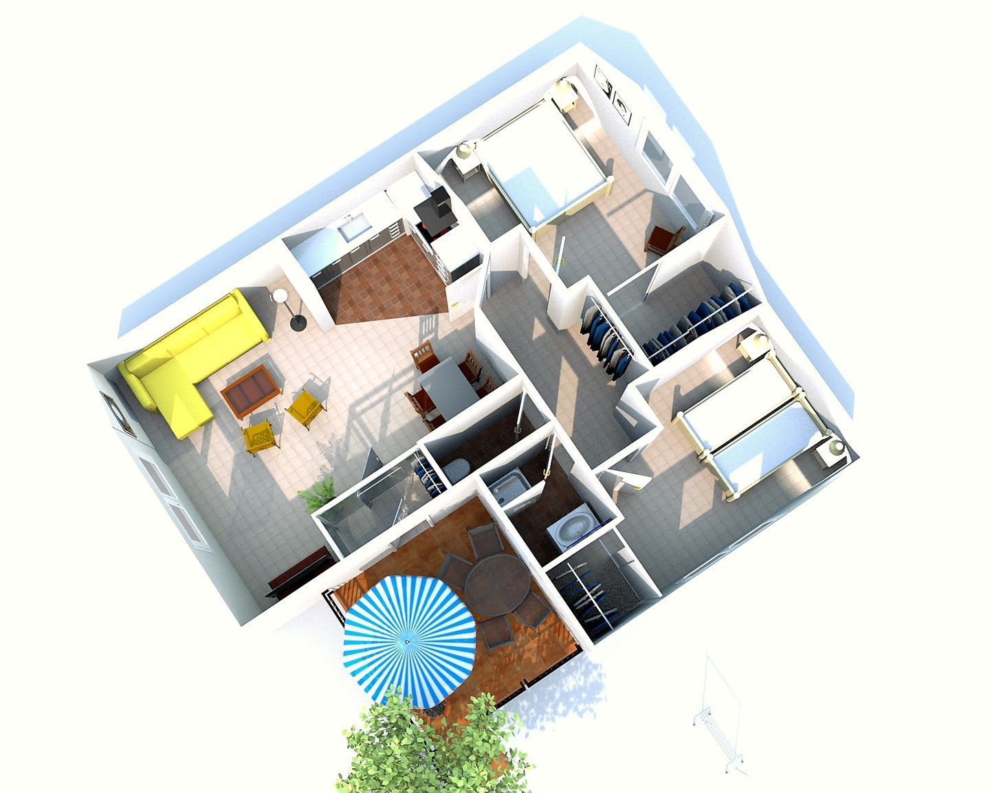 Un plan 3D d’un hôtel comprenant plusieurs chambres, un espace repas et un balcon avec un parasol bleu.