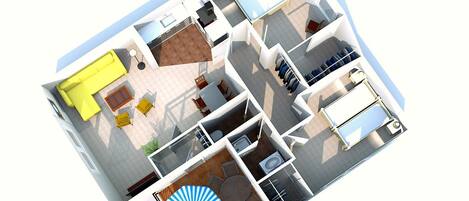 Un plan 3D d’un hôtel comprenant plusieurs chambres, un espace repas et un balcon avec un parasol bleu.