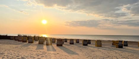 Ein Strand mit strahlendem Himmel, Sand und Reihen von Liegestühlen.