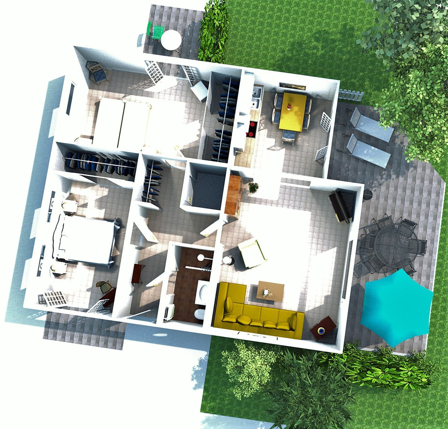 Plano de planta en 2D de un hotel que incluye cocina, comedor, sala de estar y zona de piscina.