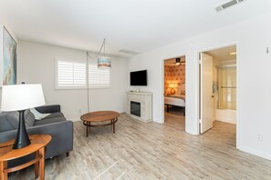 Smart TV, fireplace, books