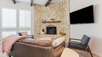 Smart TV, fireplace, books