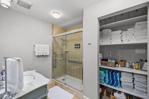 Bathtub, hair dryer, towels, soap
