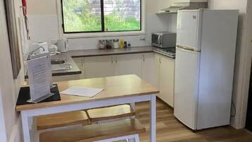 Fridge, microwave, electric kettle, toaster