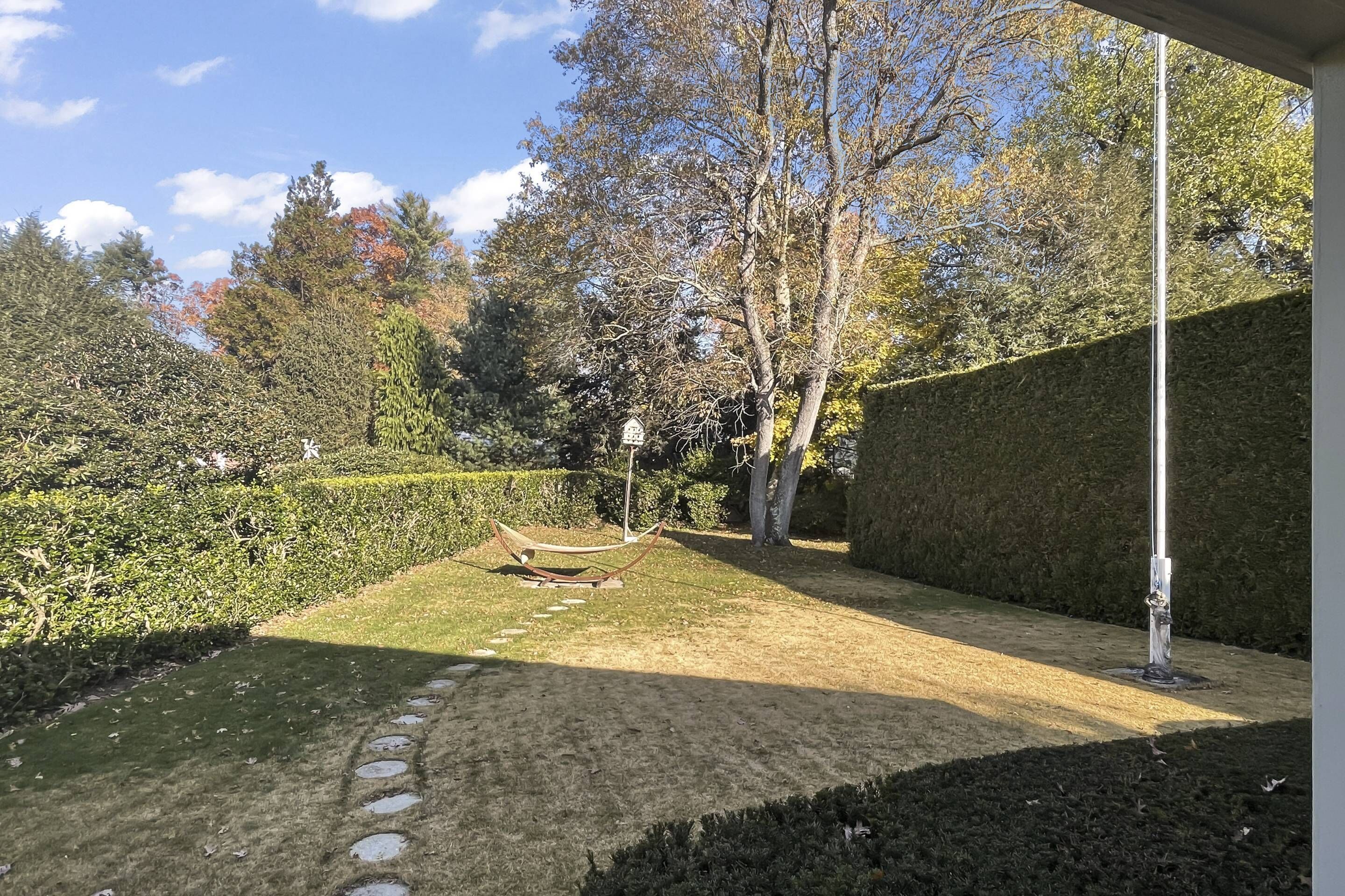 A garden with a hammock, a hedge, and a pathway.