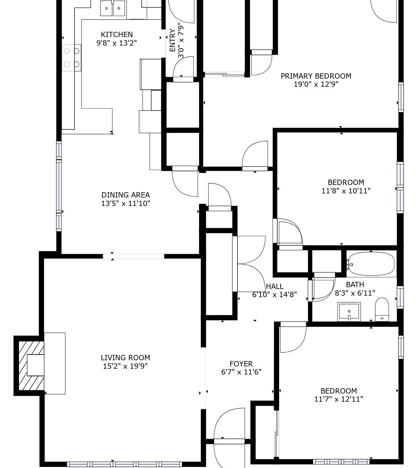 Plano de planta que muestra una sala de estar, comedor, cocina, habitación principal, habitación secundaria, vestíbulo y baño.