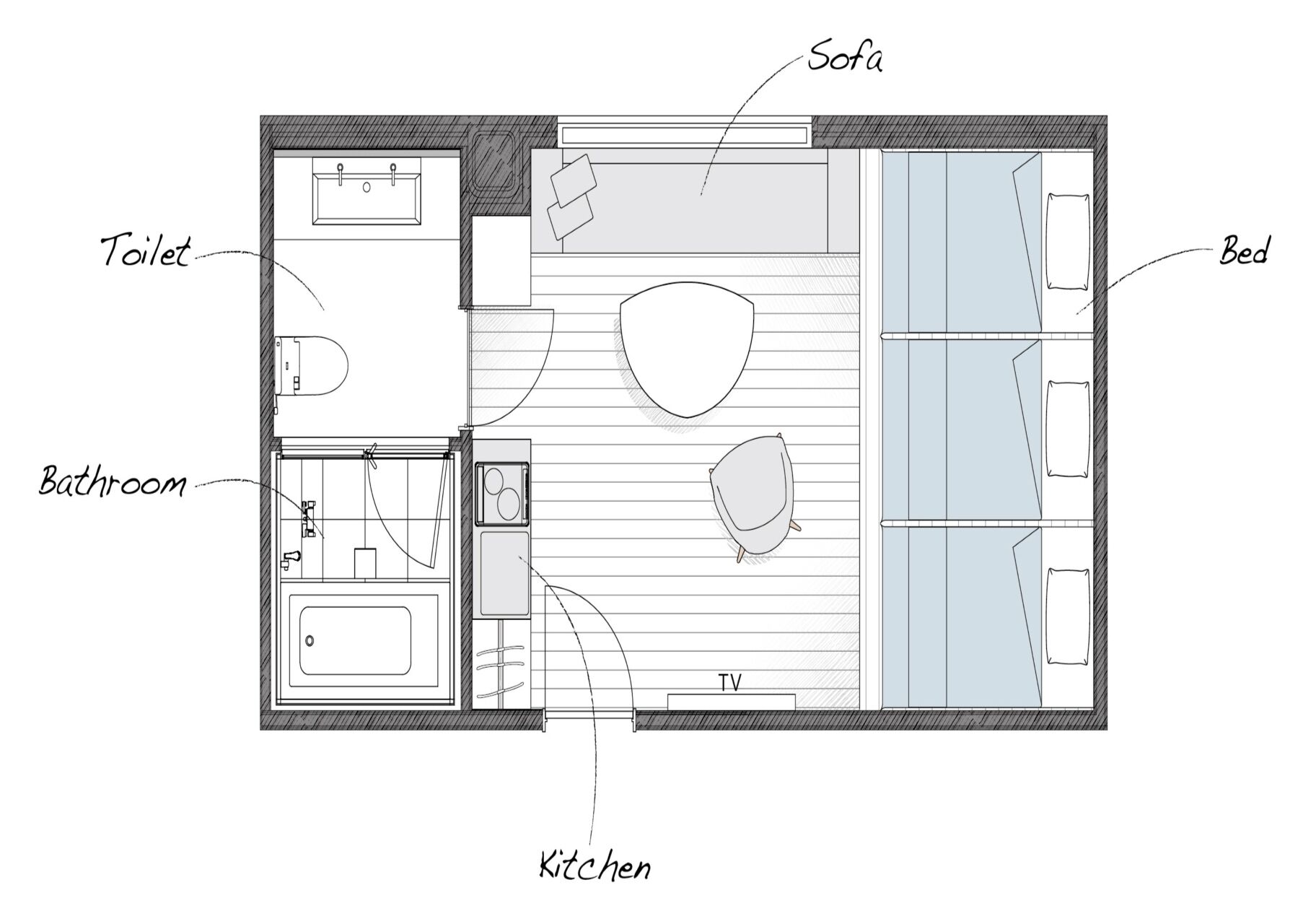 A floor plan of a hotel room with a kitchenette, bathroom, toilet, sofa, and bed.