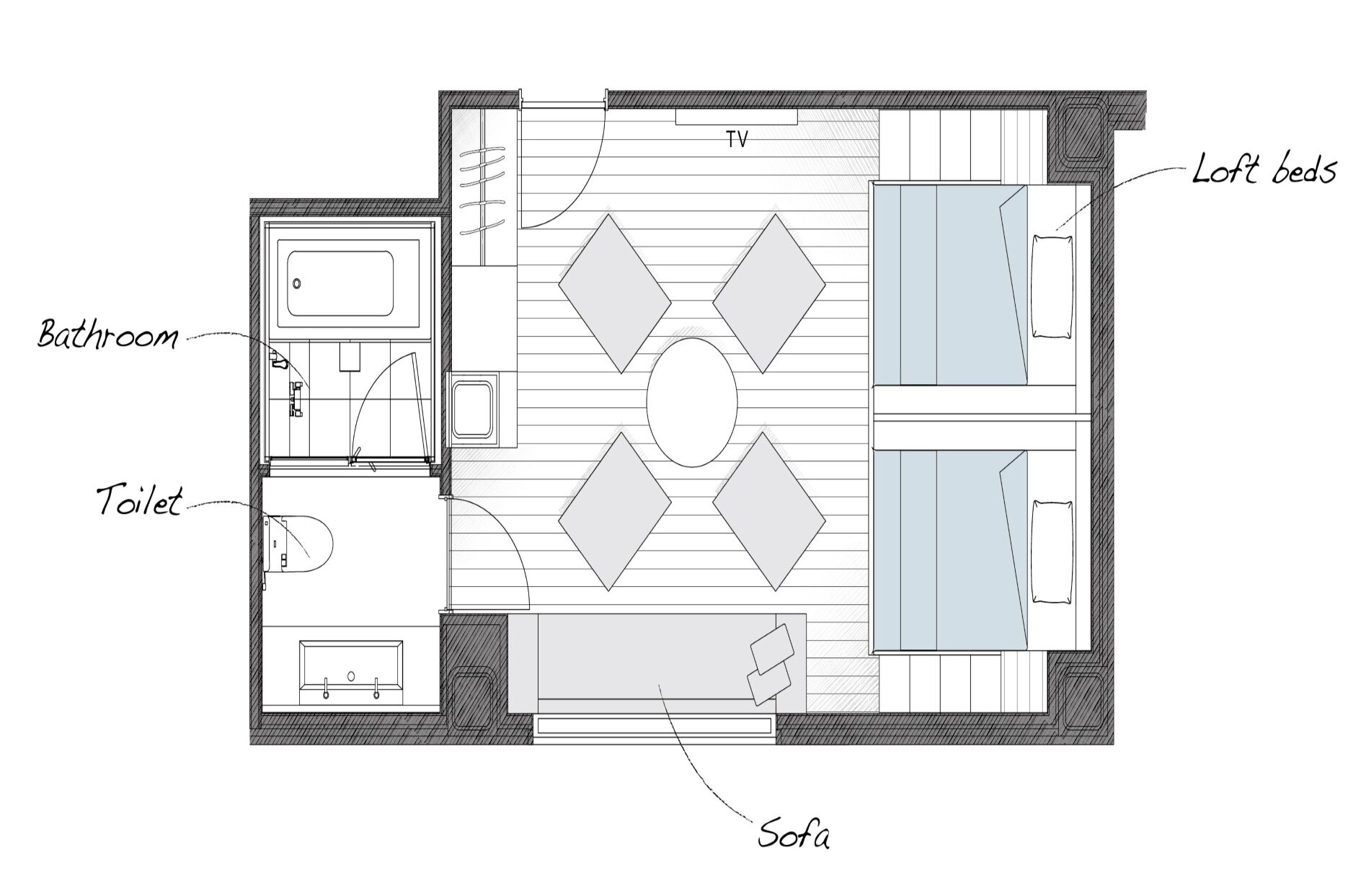 Grundriss eines Hotelzimmers mit Bad, Toilette, Sofa, Fernseher und Schlafkoje.