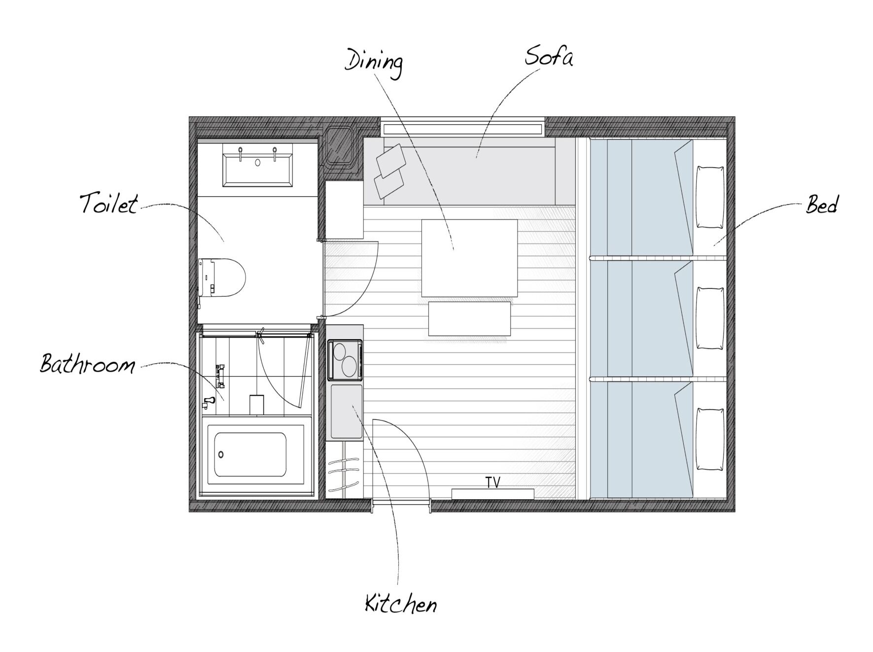 A floor plan of a compact apartment with a kitchenette, a bathroom, a dining area, a sofa, a TV, and a bed.