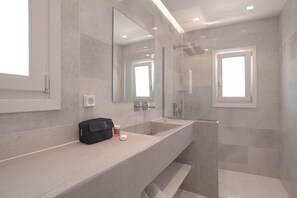 Shower, hair dryer, towels, toilet paper
