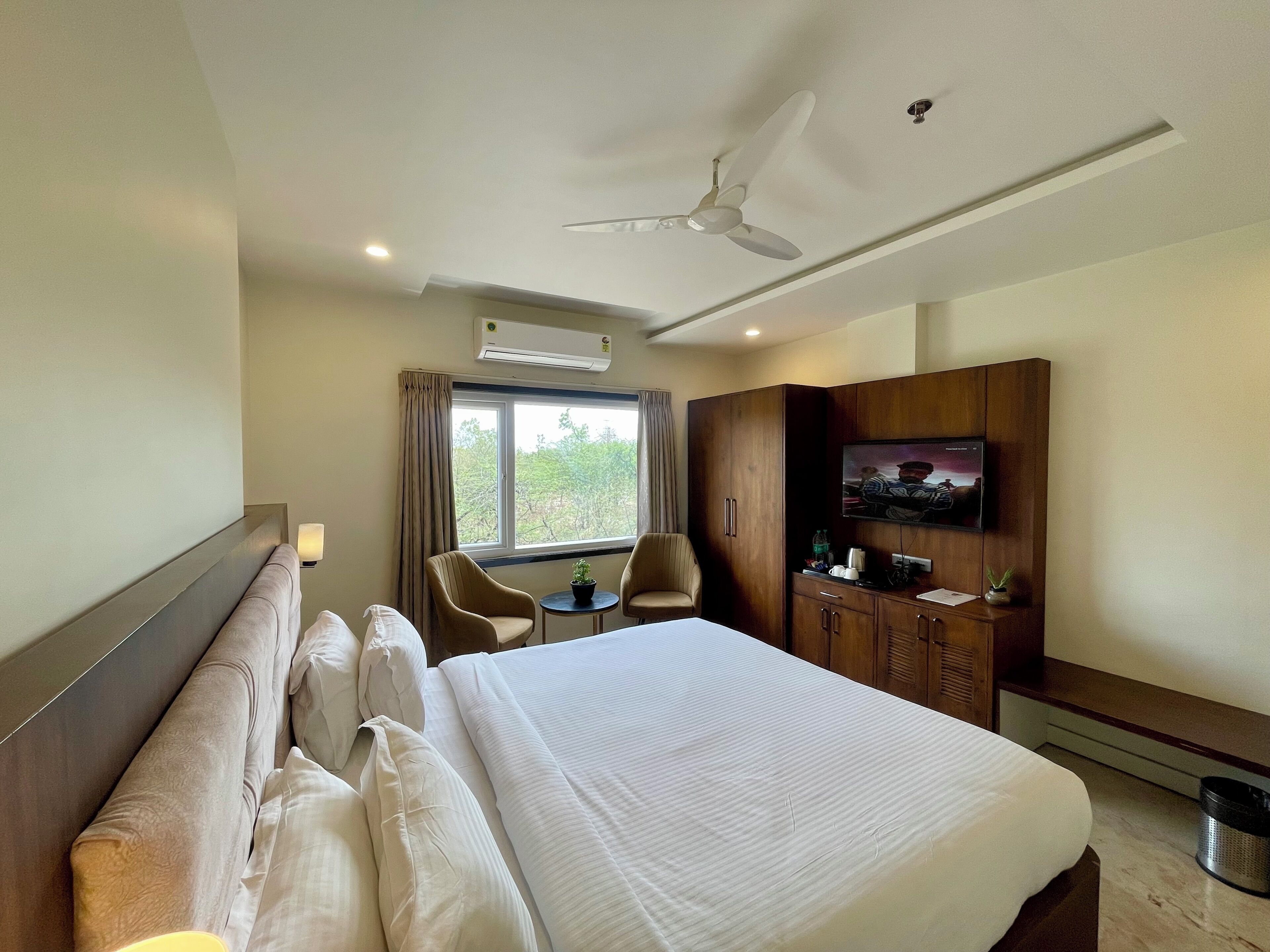 Desk, laptop workspace, blackout curtains, iron/ironing board