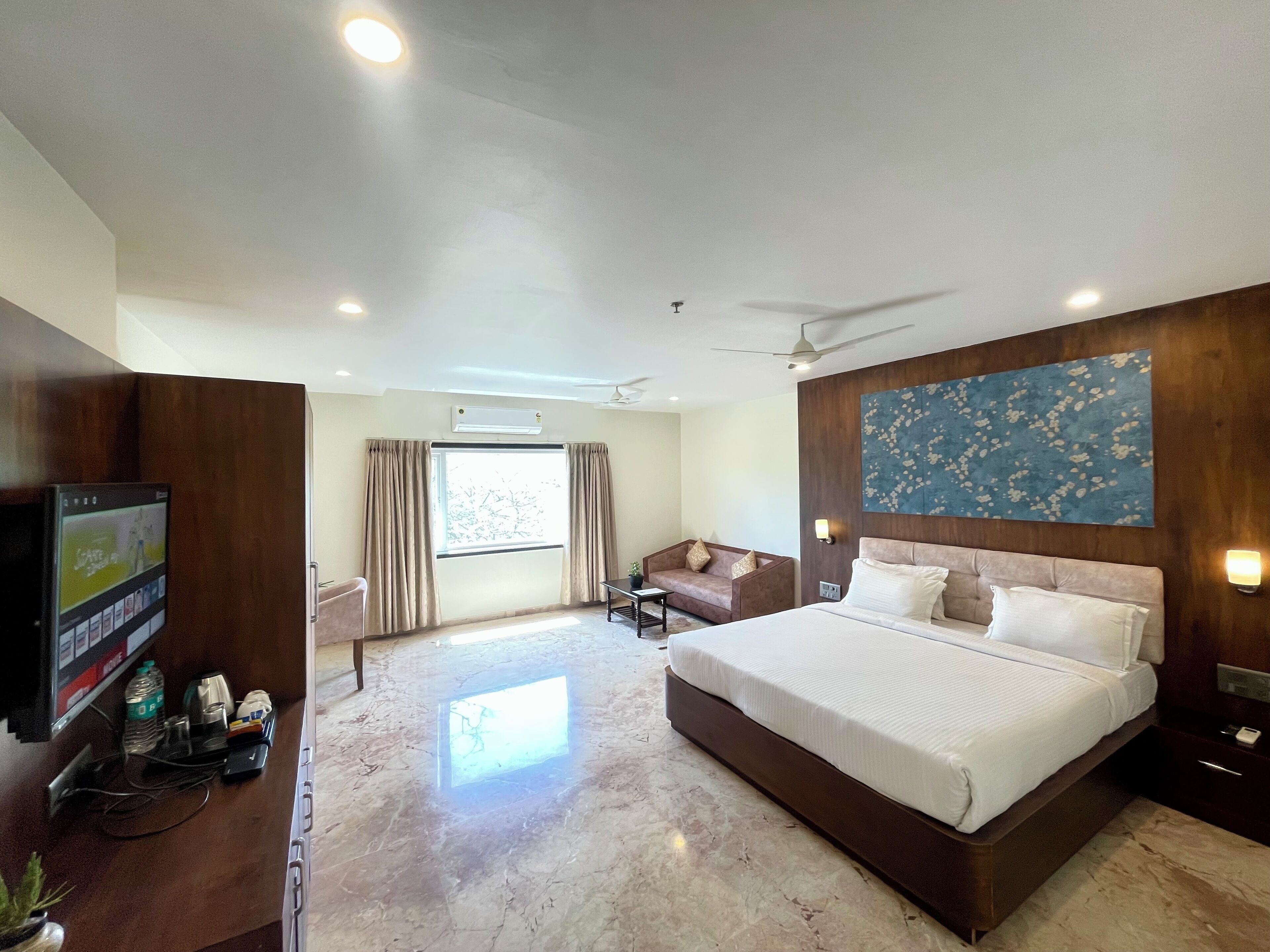 Desk, laptop workspace, blackout curtains, iron/ironing board