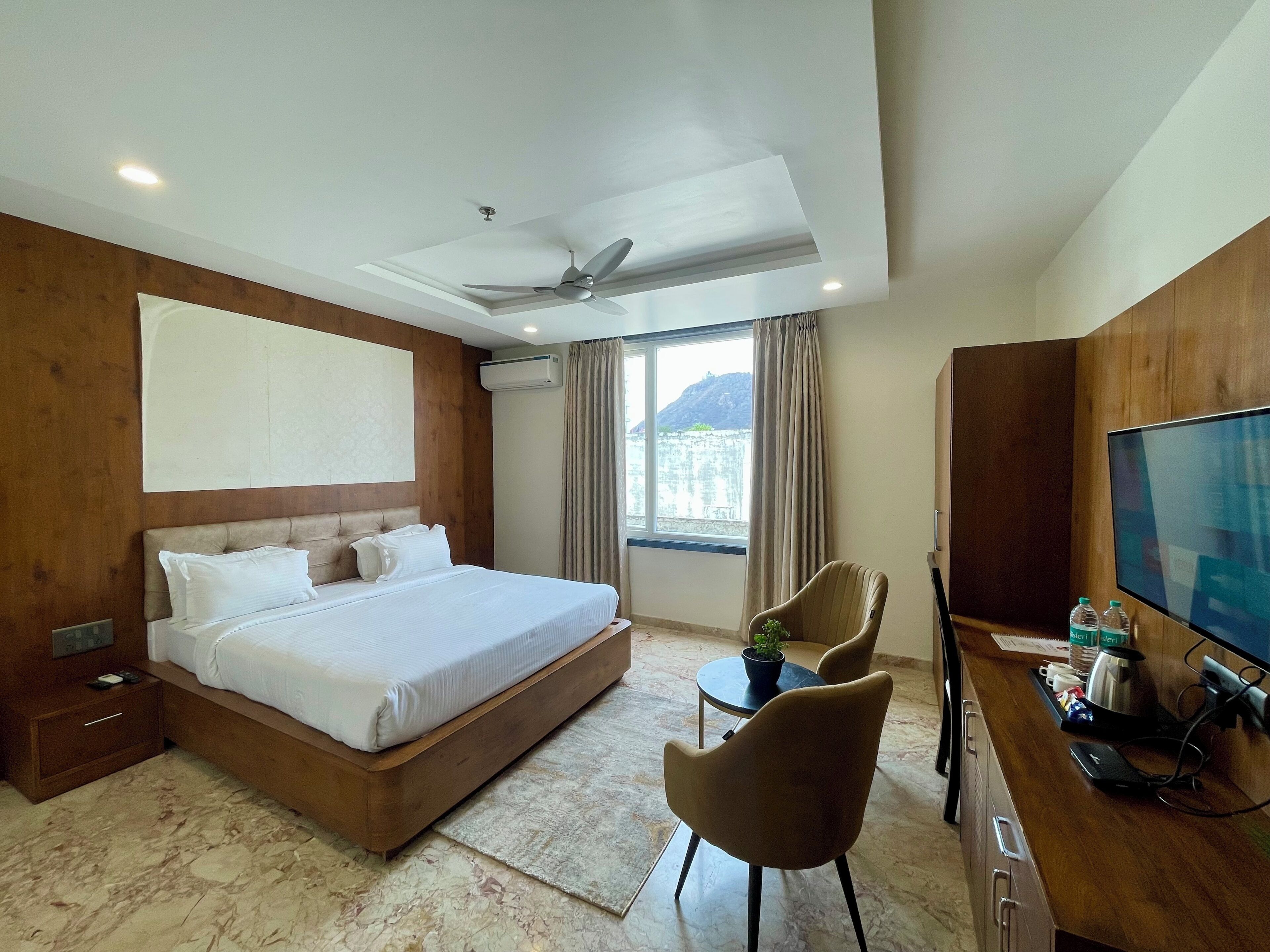 Desk, laptop workspace, blackout curtains, iron/ironing board