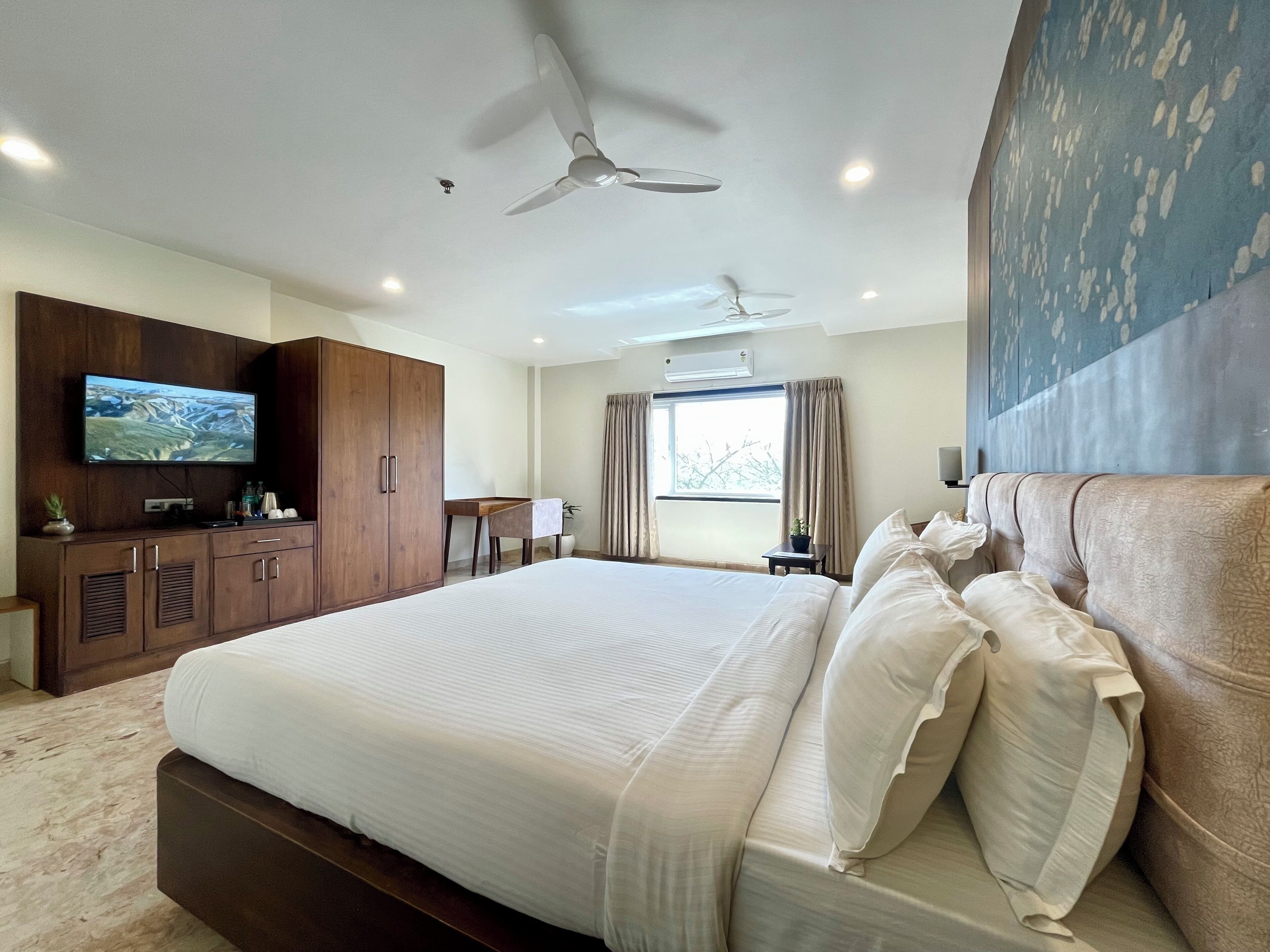 Desk, laptop workspace, blackout curtains, iron/ironing board