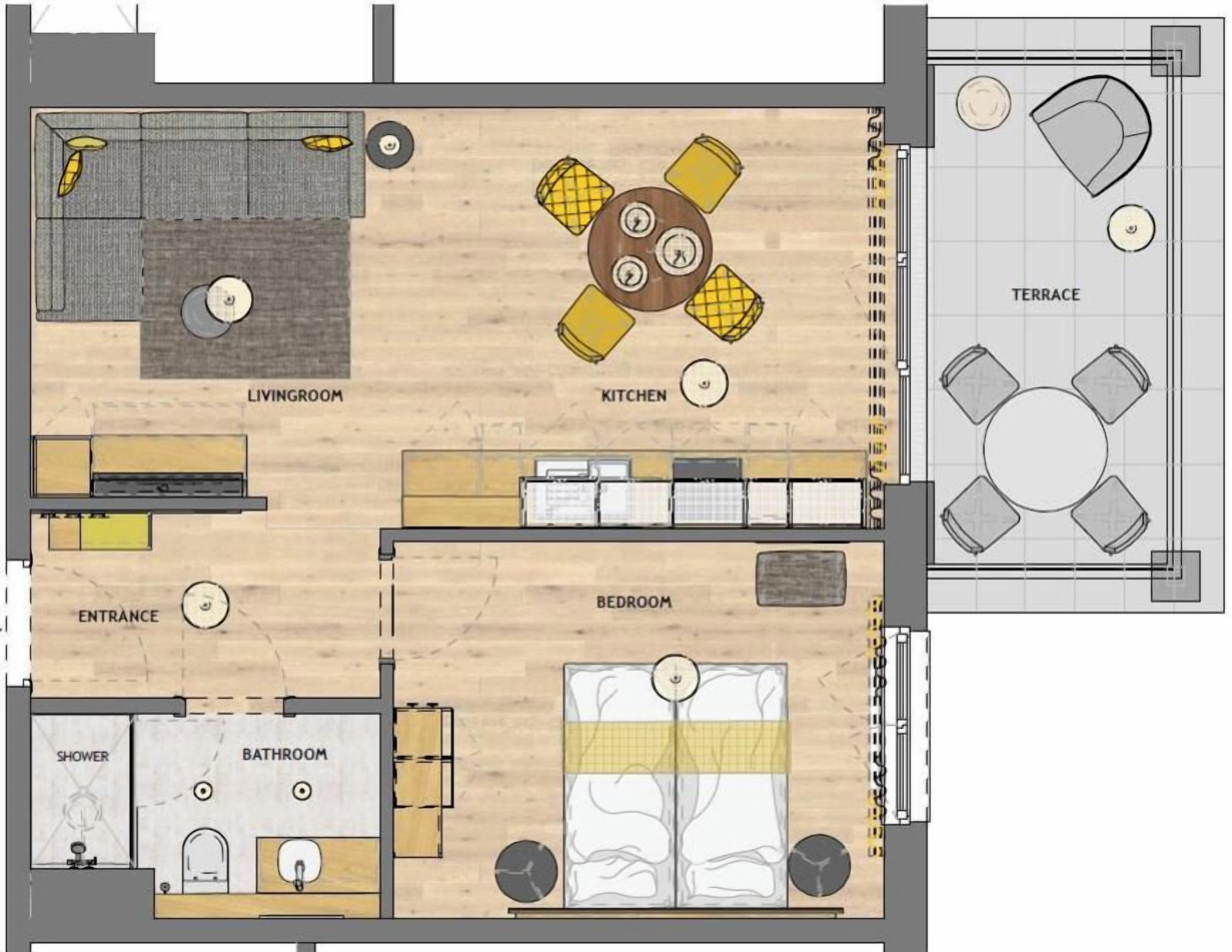 A floor plan of a hotel with a living room, kitchen, bedroom, bathroom, and terrace.