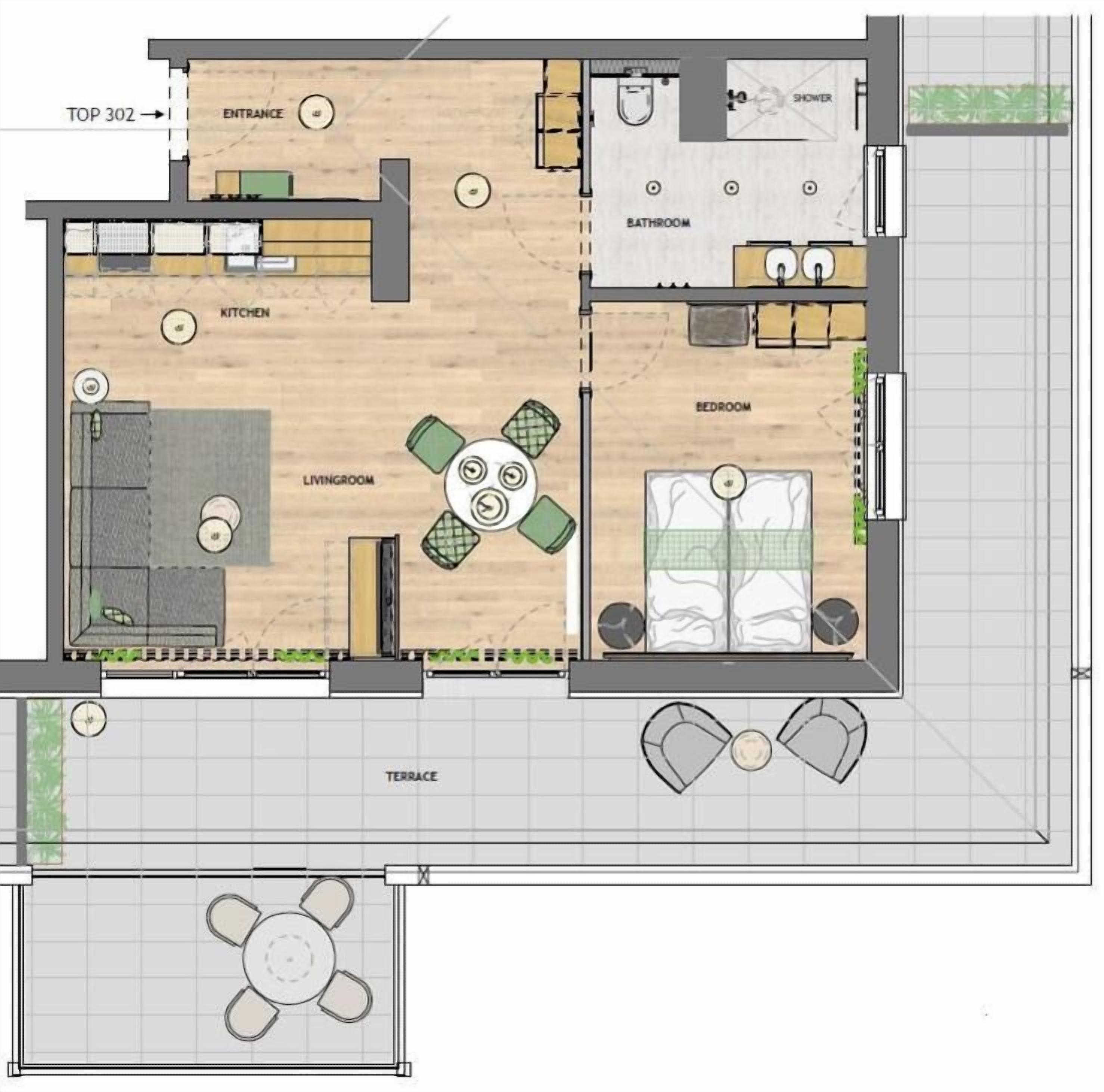 Een plattegrond van een hotelkamer met een inkom, keuken, woonkamer, slaapkamer, badkamer en terras.