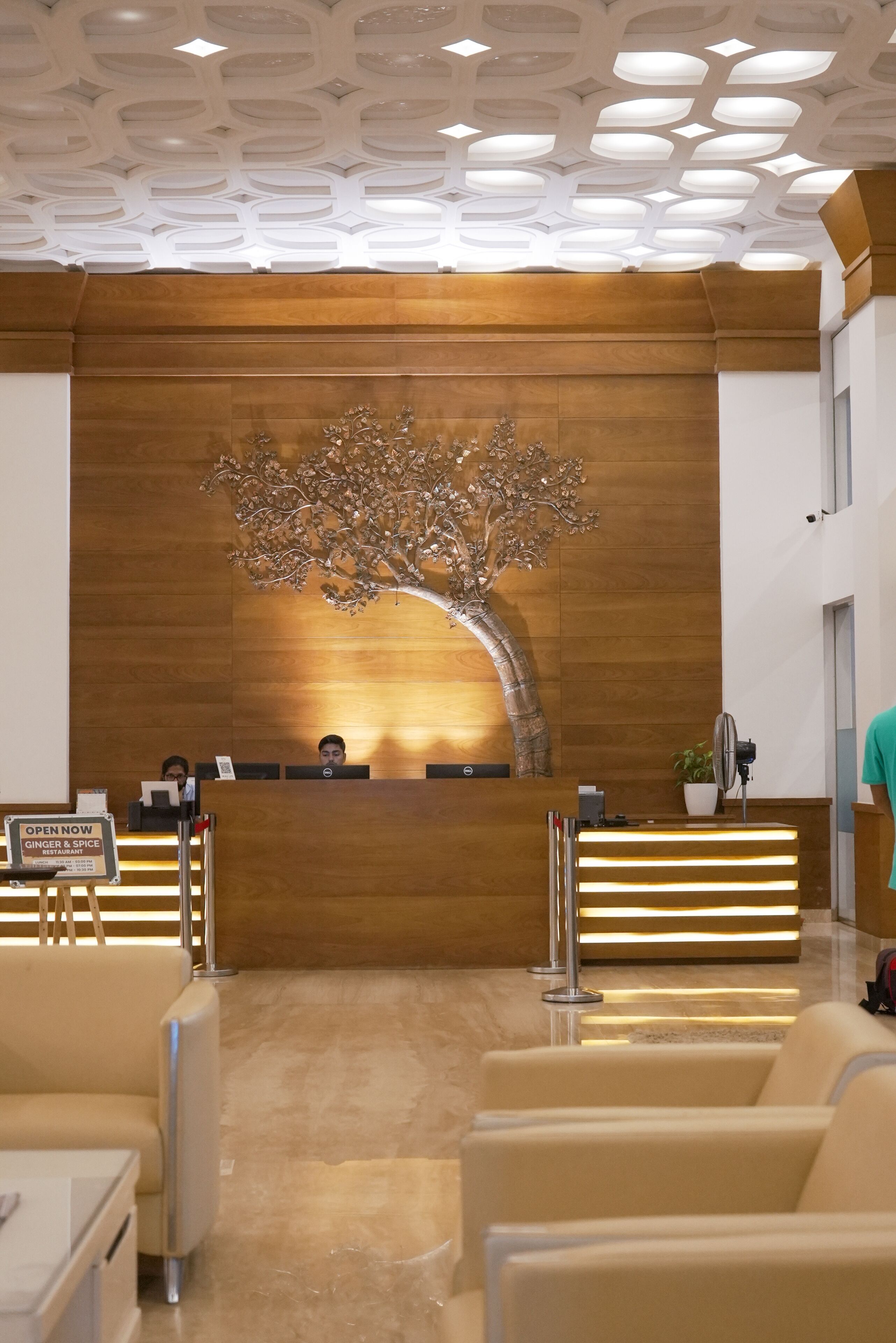 Un espace d’accueil avec un comptoir en bois, une sculpture d’arbre décorative et un panneau indiquant que du gingembre et des épices sont disponibles.