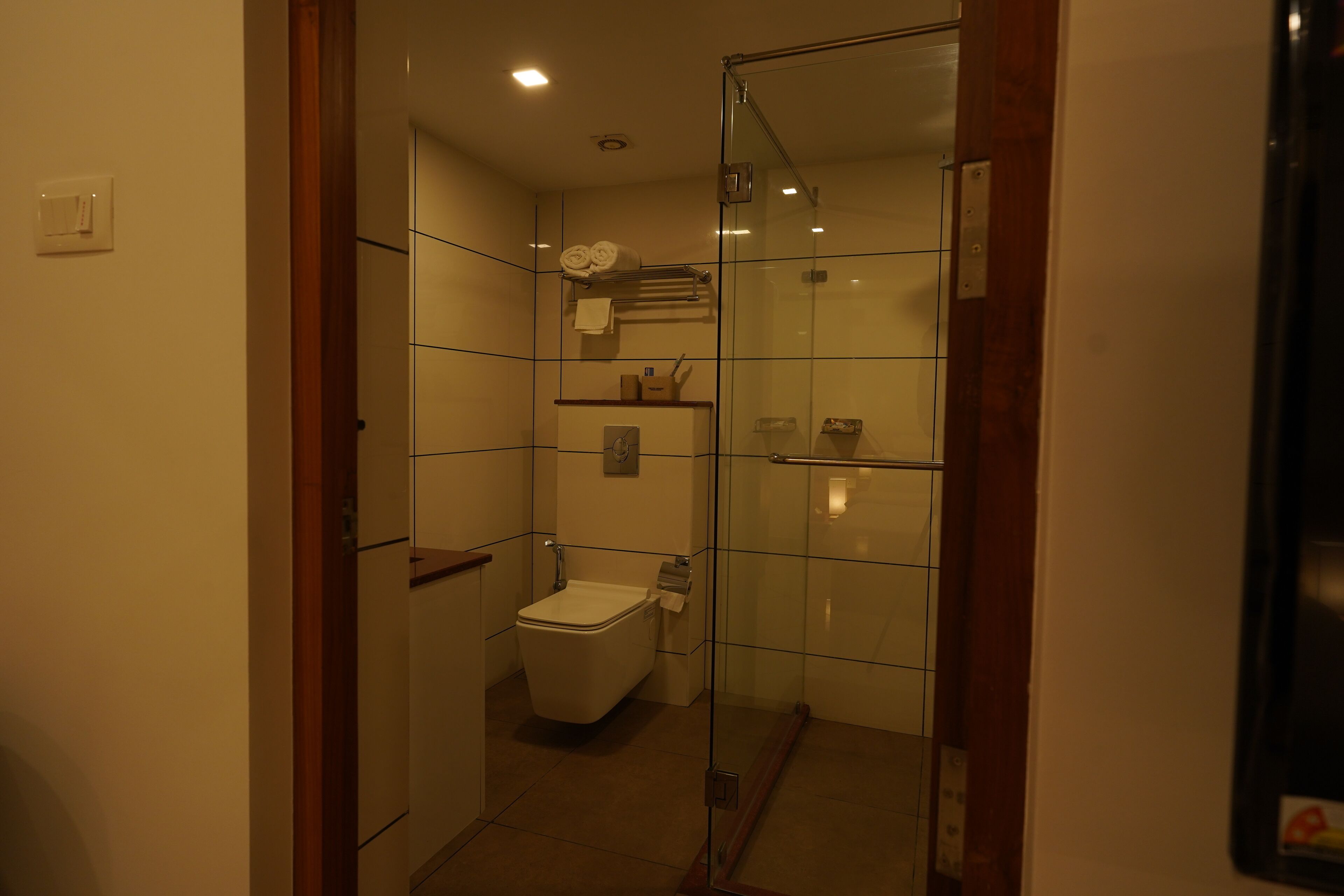 A small, modern bathroom with a glass shower enclosure, a toilet, and a shelf with toiletries.