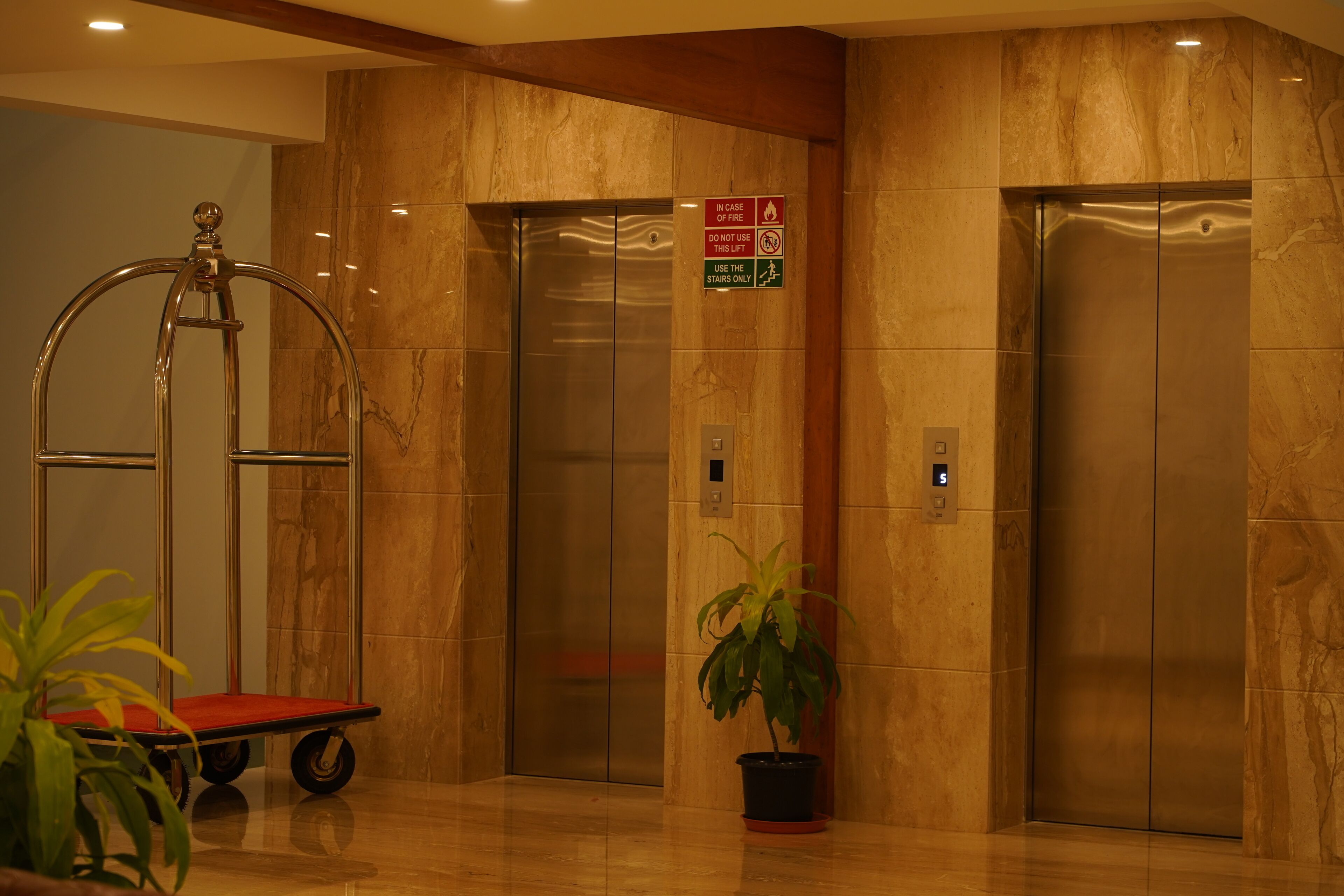 An elevator area with a fire safety sign, a potted plant, and a red cart.