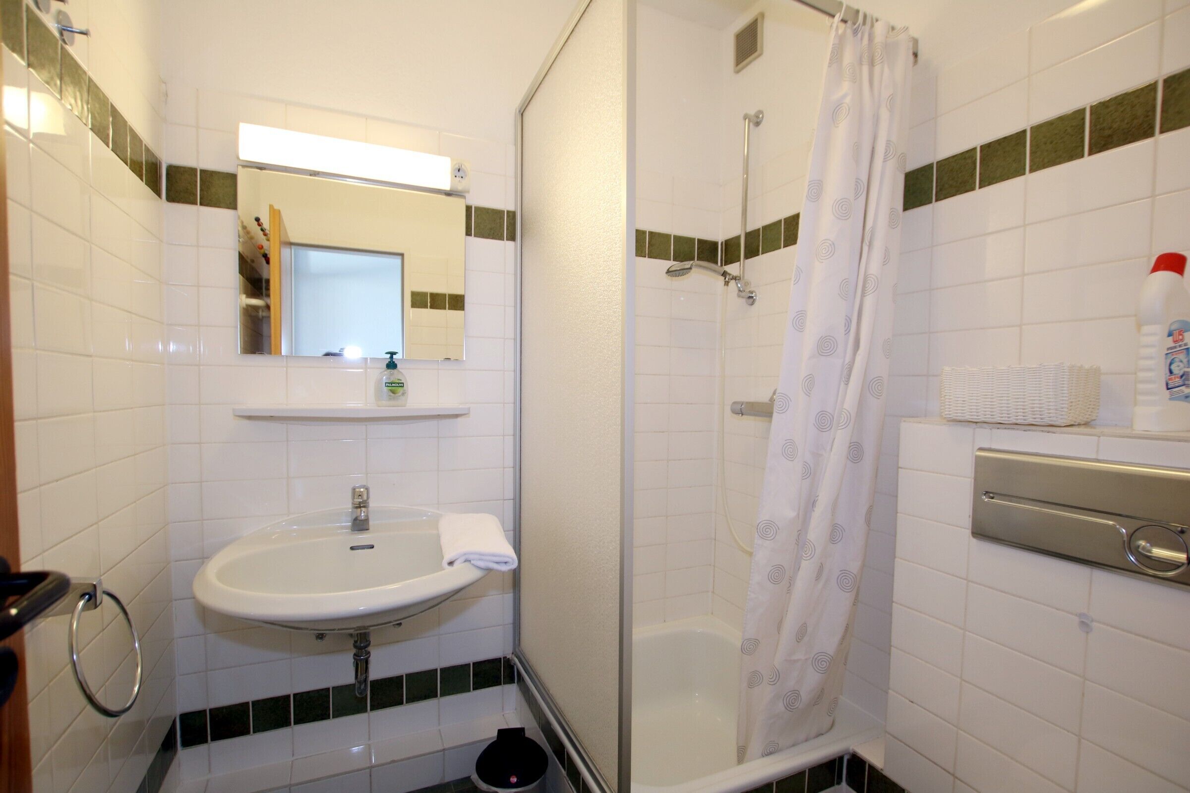 Une salle de bain équipée d’un lavabo, d’un miroir, d’une douche et d’un porte-serviettes.