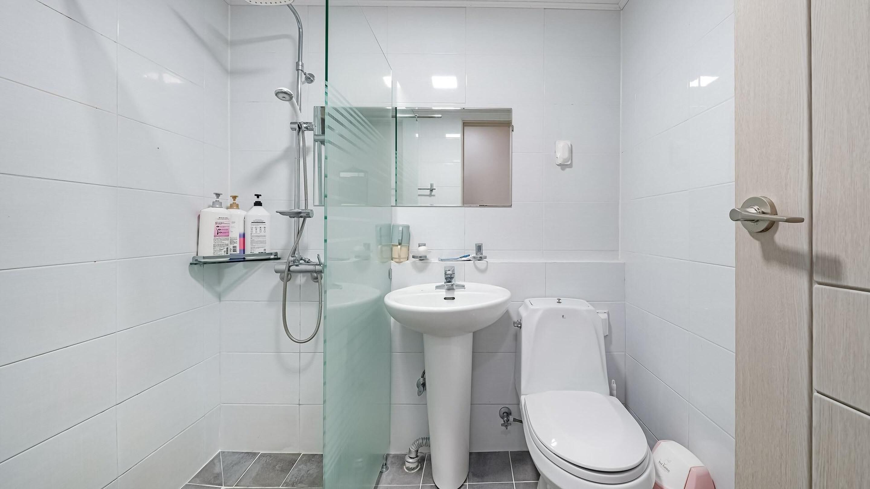 A modern bathroom with a glass shower enclosure, a white sink, and a toilet.