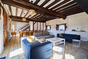 Fireplace, table football, ping pong, books