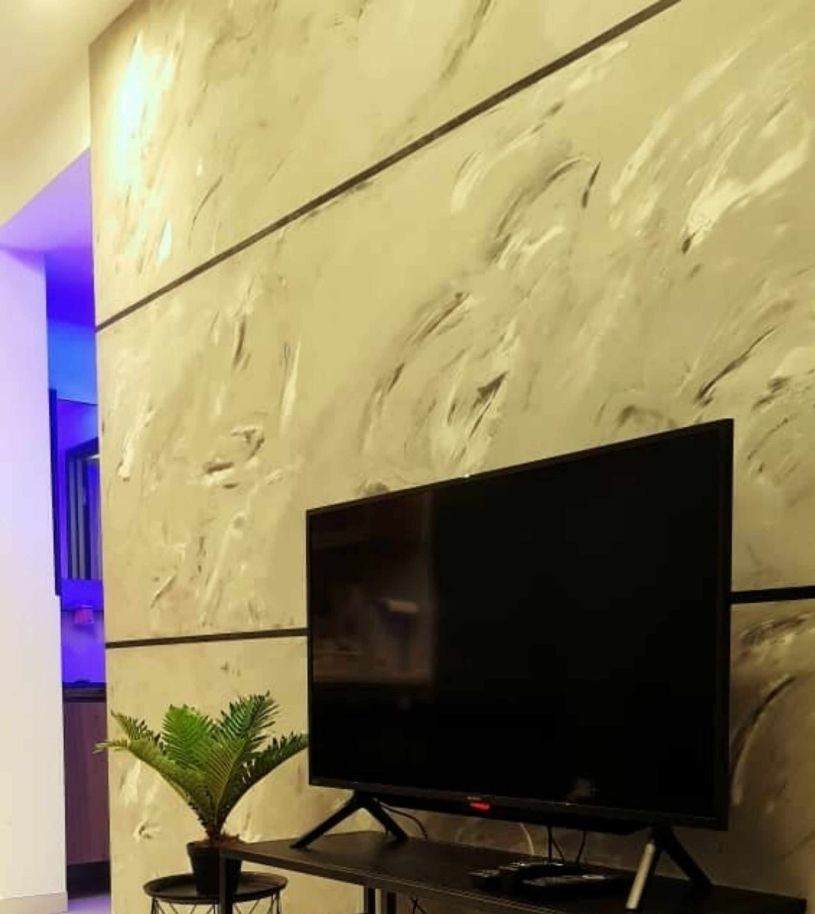 Een modern interieur met een flatscreen televisie op een standaard, een potplant en een marmeren wand.