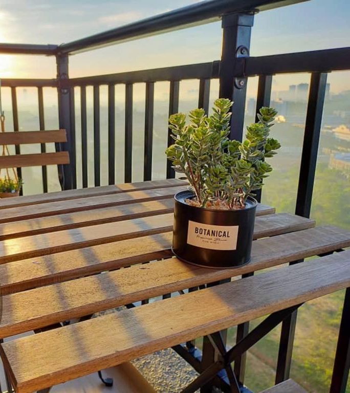 A wooden table with a potted plant labeled "BOTANICAL" on a balcony with a city view.