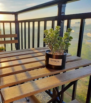 Une table en bois sur laquelle est posée une plante en pot, et sur laquelle est apposée une étiquette indiquant « PLANTE ORNEMENTALE ». La table se trouve sur un balcon offrant une vue sur la ville.